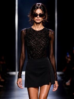 STATE OF CLAUDE MONTANA black beaded and mesh long sleeve bodysuit